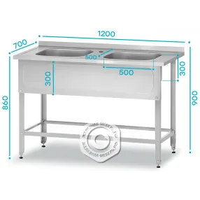 ванна моечная вмцп 860х1200х700 «profi inox», 2 м/о 300х500х500, борт, отв. д/смесит.