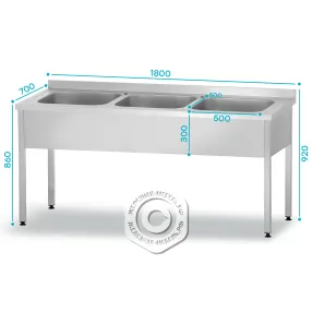 ванна моечная вмцп 860х1800х700 «profi ral», 3 м/о 300х500х500, борт, отв. д/смесит.