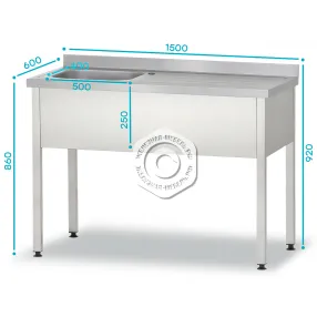 ванна с рабочей поверхностью рпцп - 860х1500х600 «profi ral» левое, м/о 500х400х250